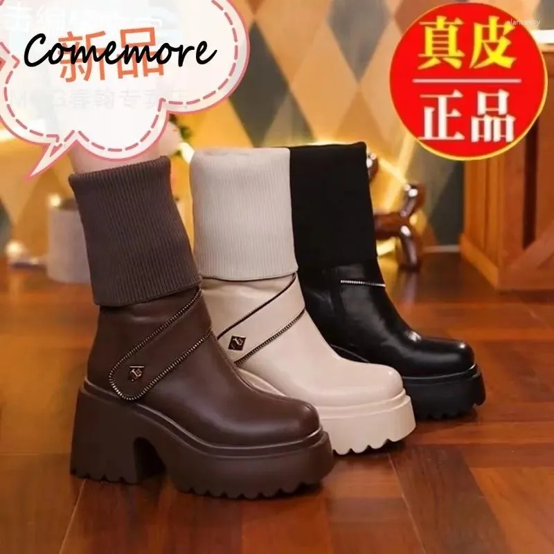 Boots Comemore Women Platform Wedge Fashion Autumn Spring 8cm Block Heels Knee High Boot Shoes 2024 Sock Leather Stretch Fabric