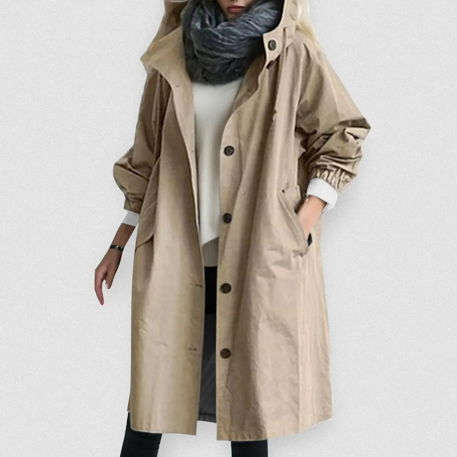 2024 Trenchcoat für Frauen eleganter Windbreaker -Kapuze -Mantel Herbst Feder Jacke Loose Outwear Koreanischer Stil Abrigos Para Mujeres 240415