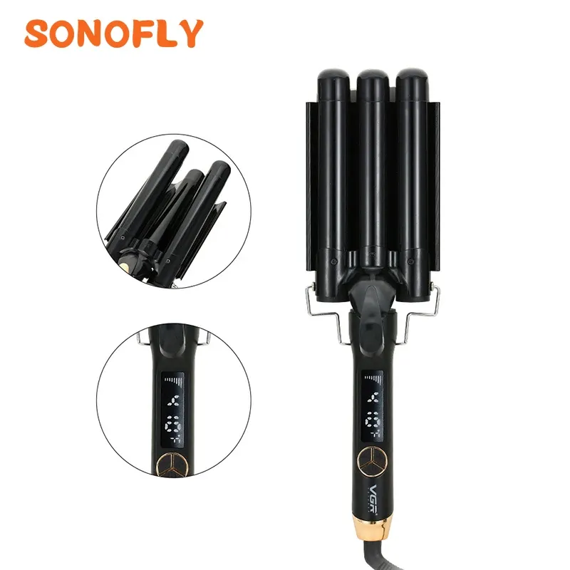 Irons Sonofly Professional Hair Curling Iron LCD Ceramic Triple Barrel Hair Curler Salon Home Big Wave Styler Tools Fast Heat V591
