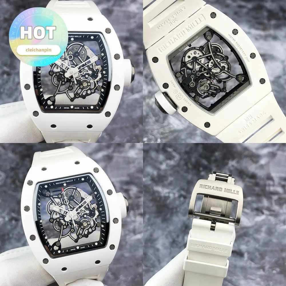 Automatisk RM -handledsur RM055 TI Full Skeleton Dial Mens Watch Manual Mechanical White Ceramic Large Dial