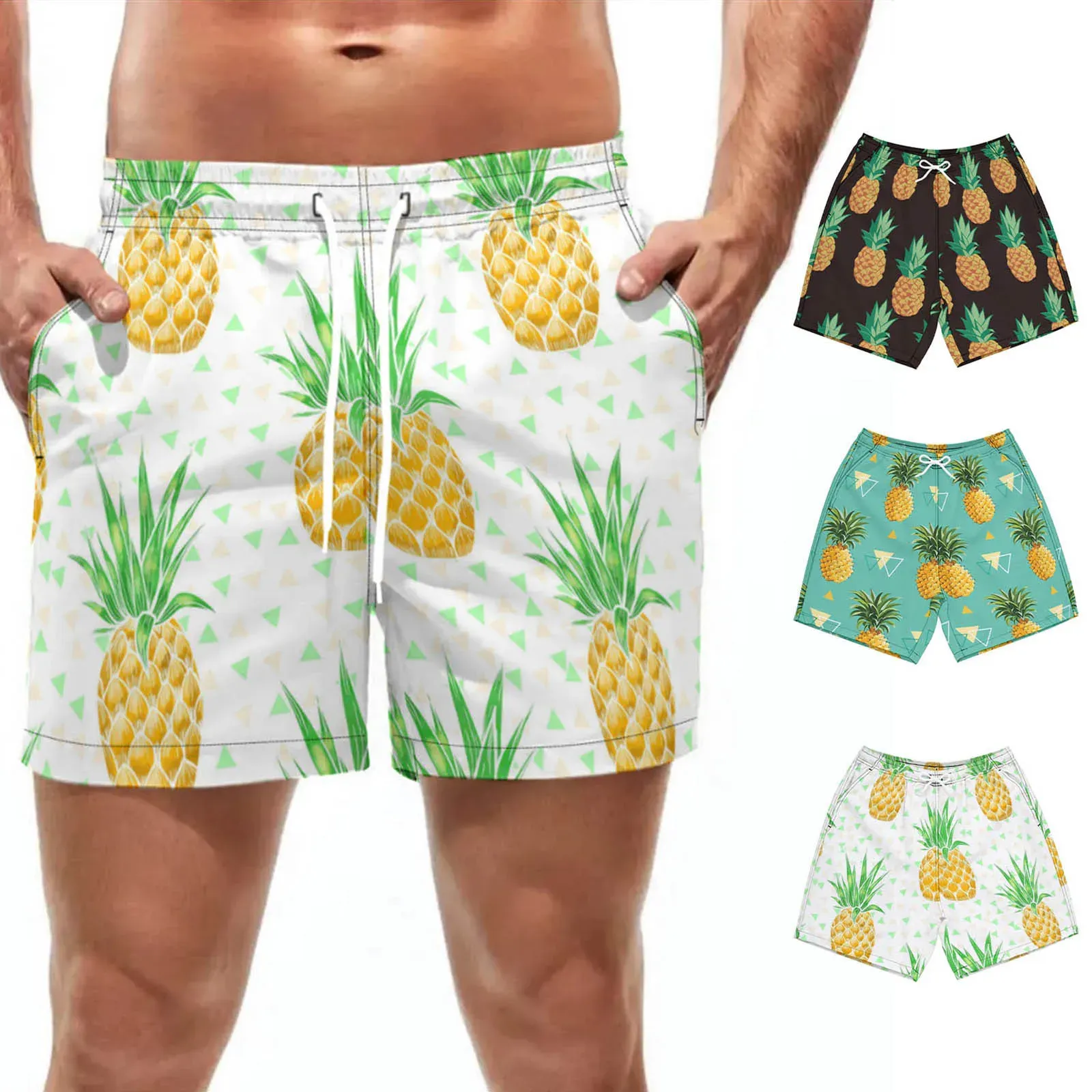 Impressão de abacaxi secagem rápida verão masculino siwmwear praia board shorts briefs para homem calções de banho surf