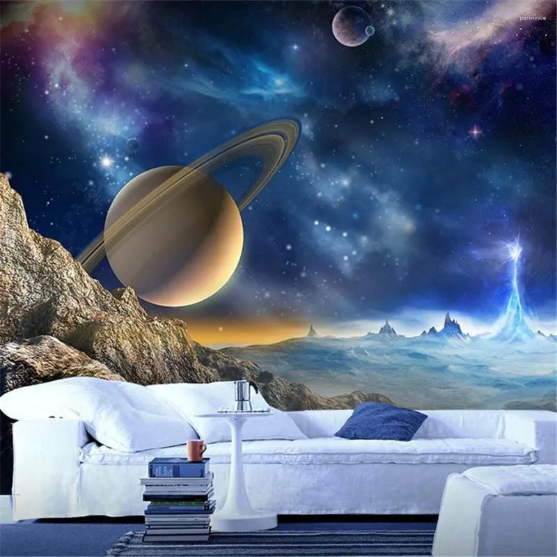 Bakgrunder Anpassad KTV Bar Starry Sky Theme Wallpaper Space Moon Decoration Mural Bedroom Barnrum Art Väggpapper Bakgrund