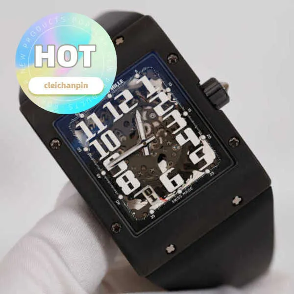 Gorący ruch RM Ruch Zegarek Mens Watch RM016 Titanium Metal Case Całkowicie puste czarny materiał z włókna węglowego Automatyczne