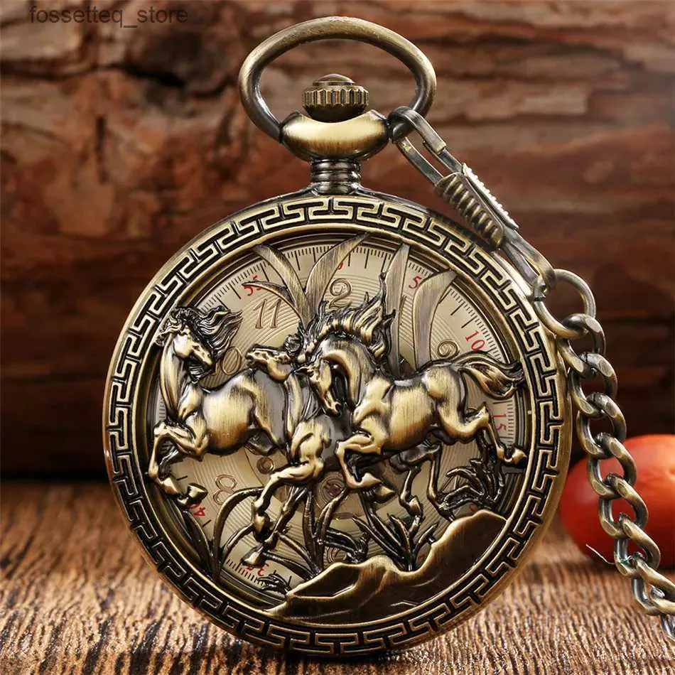 Montres de poche creux prairie course cheval affichage manuel mécanique poche rétro exquis squelette remontage à la main pendentif horloge L240322