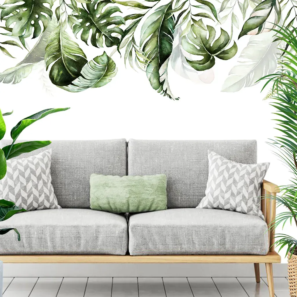 Adesivos de parede com folhas grandes, plantas verdes, decoração de parede para quarto, sala de estar, papel de parede pequeno, folha verde fresca, decalques de arte