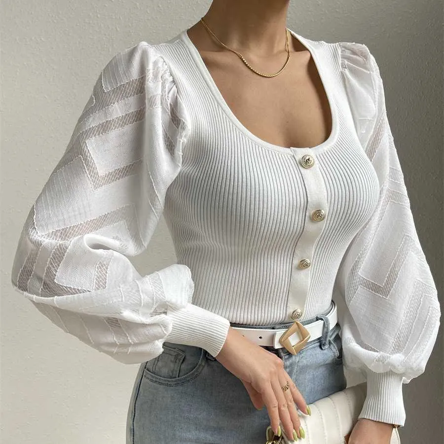 Patchwork Button White Fitted Ladies Square Neck Knitted Top 2023 Lace Mesh Long Puff Sleeves Women Blouses Elegant Tops