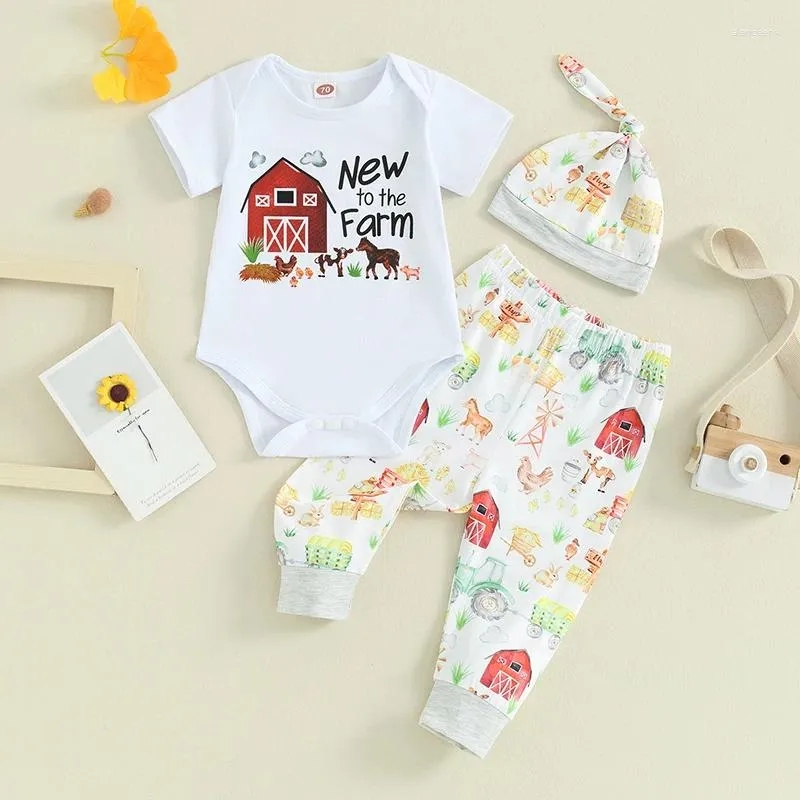 Ensembles de vêtements Born Baby Farm Pantalons Tenues Enfant Garçon Fille Lettre Maison Imprimer Barboteuse À Manches Courtes Avec Animal Et Chapeau Ensemble