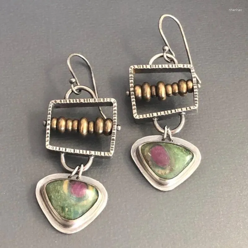 Boucles d'oreilles pendantes Vintage Triangle rose vert pierre goutte pour femmes ethnique métal deux tons carré gaufrage perles dorées crochet cadeau