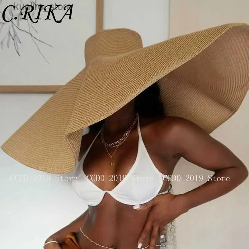 Sombreros de ala ancha Sombreros de cubo Verano 70 cm Sombreros para el sol de ala ancha grande para mujeres Sombrero de playa de gran tamaño Sombrero de paja de viaje plegable Señora Protección UV Sombrero para sombra L240322