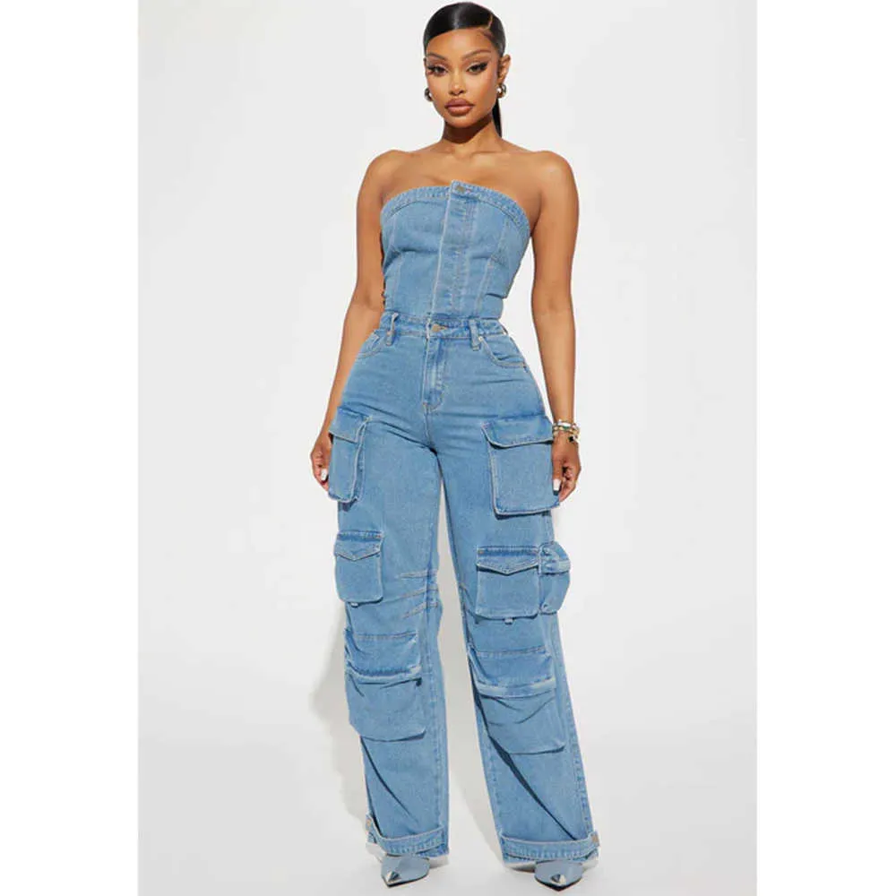 Sexy Jeans Denim One Piece Tube Cargo Jumpsuits für Damen