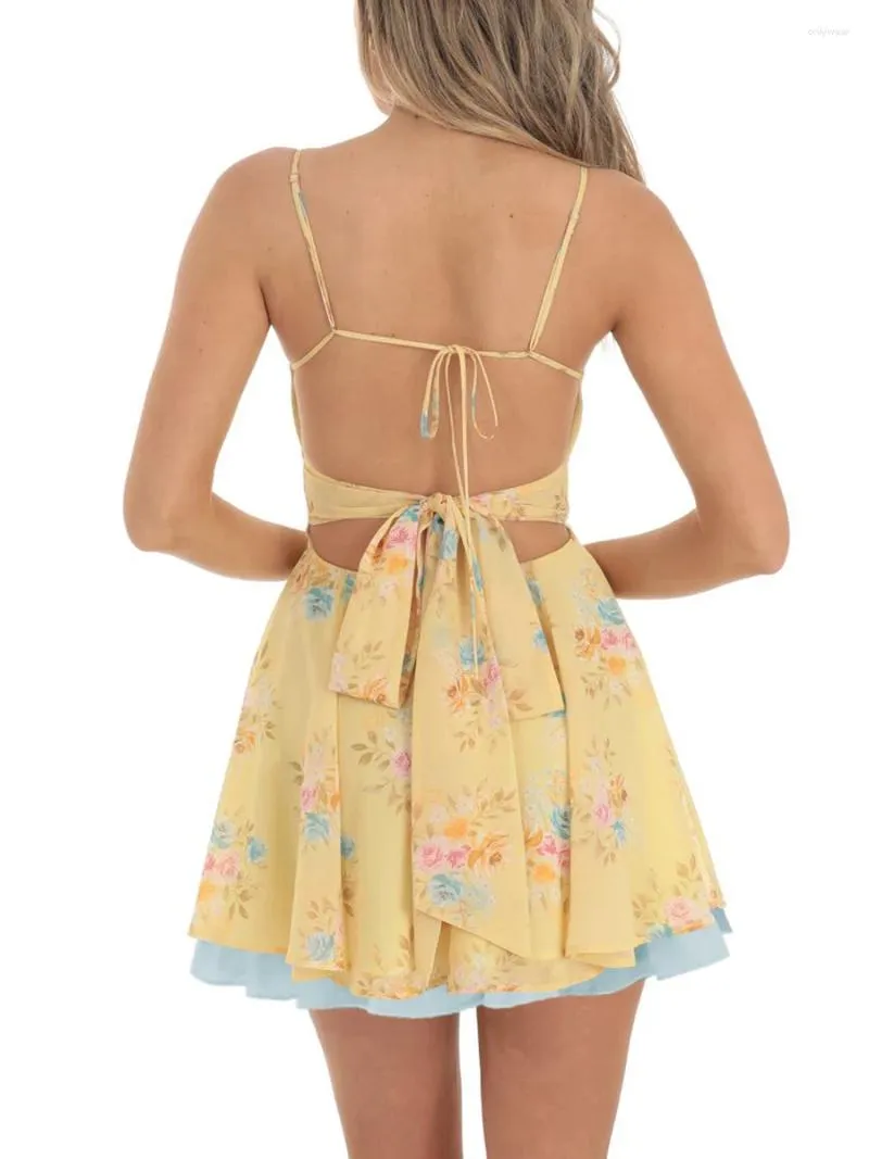 Vestidos casuais mulheres verão a linha vestido floral impressão v-pescoço tie-up backless mini moda babados hem cami