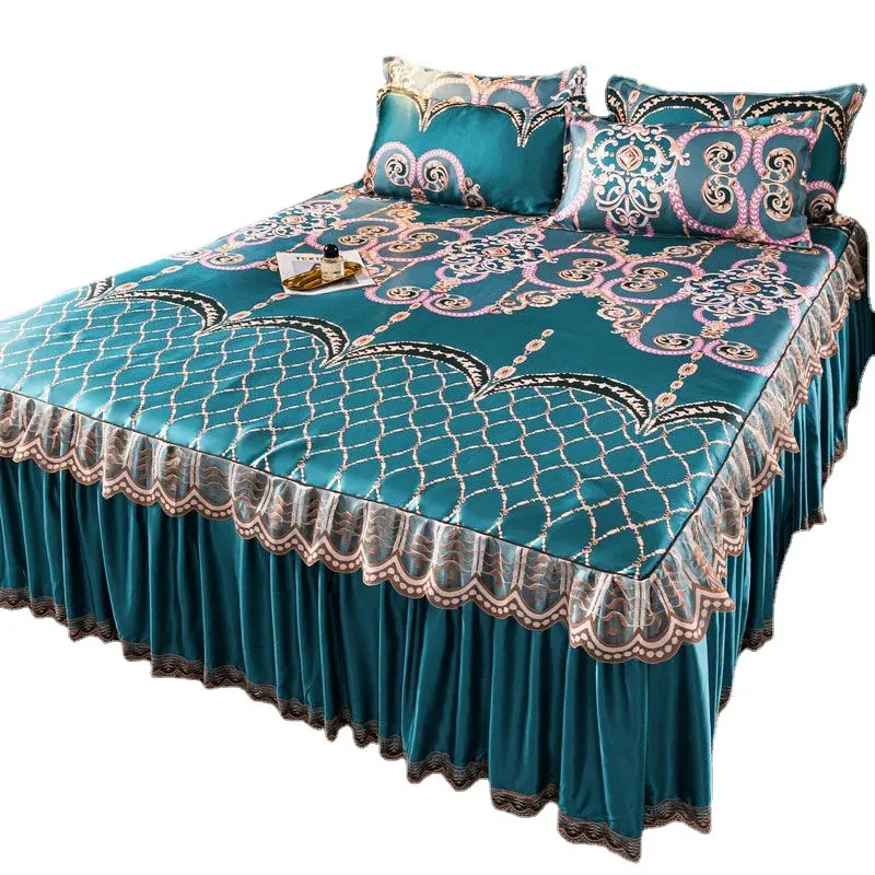 Ensemble de 3 pièces, couvre-lit moderne bleu Royal, jupe de lit fraîche, draps lavables en Machine, avec bande élastique, pour Queen et King Size, 240314