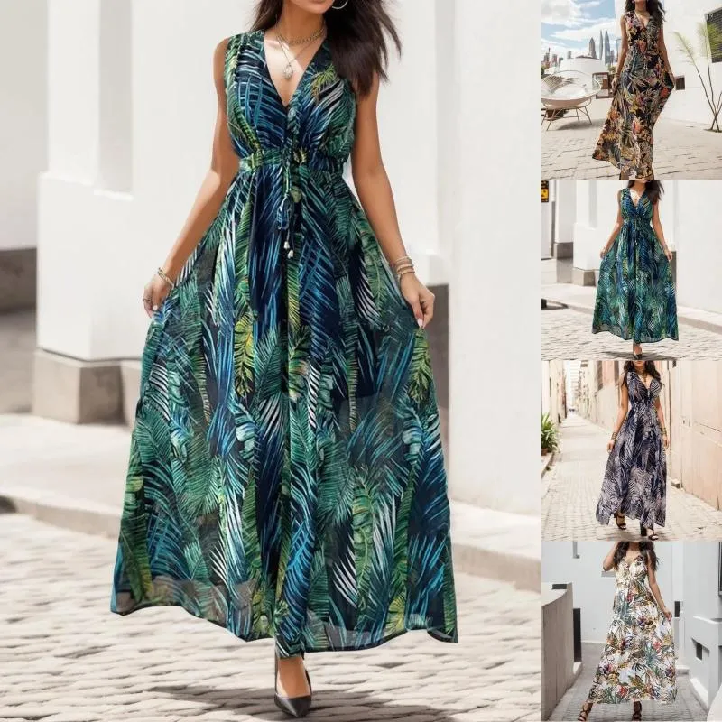 Casual Dresses Vintage V Neck Floral Print Dress Summer Banket Wedding Party Fashion Women's Strap Long For Women Elegant