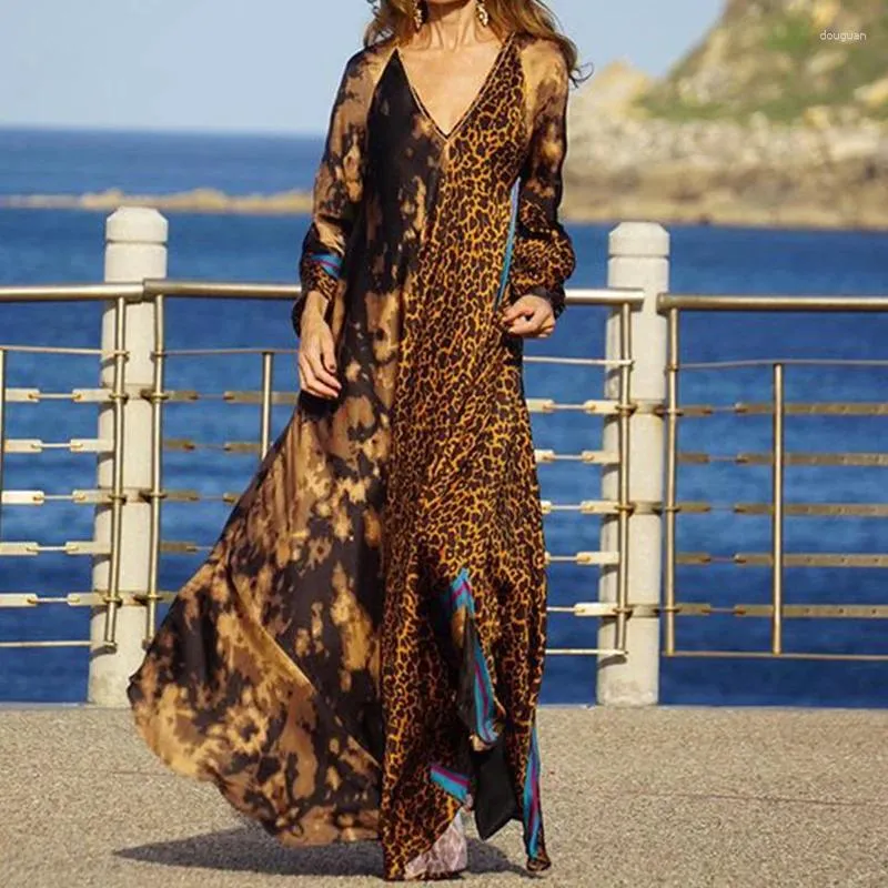 Casual Dresses Autumn Elegant V-ringen Loose Party Dress Women Fashion Leopard Print Hight Midje Lång vårhylsa Maxi