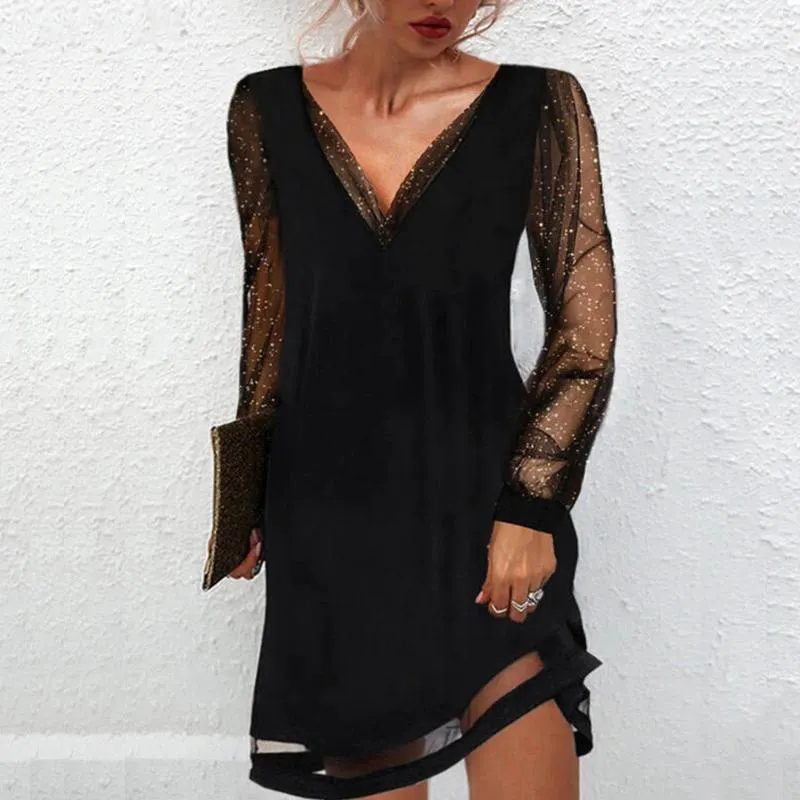 カジュアルドレス女性ファッションドレスソリッドレーススプライス長袖の光沢のあるメッシュステッチエレガントな魅力的な黒いパーティー