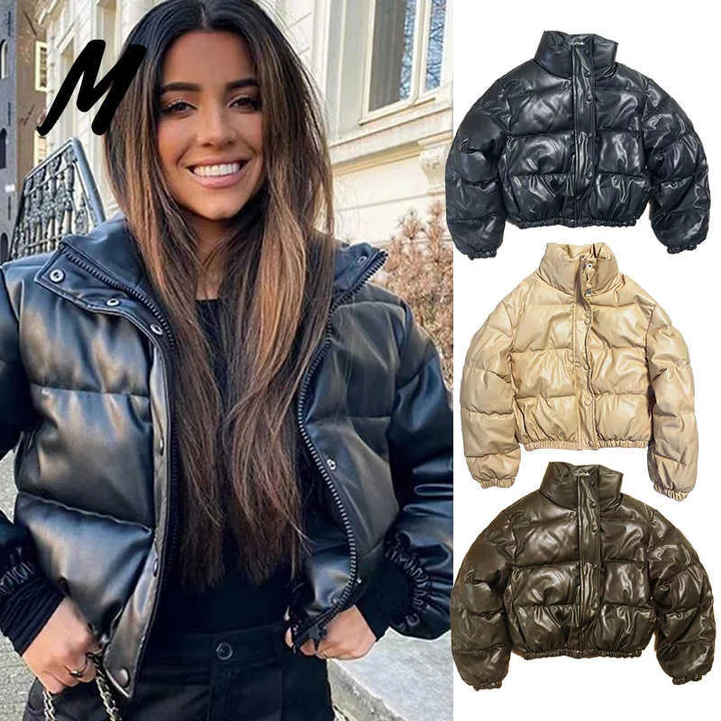 2023 Women Clothing Wholesale New Pu Leather Cropped Bomber Jacket Stand Collar Thermal Winter Puffer Coats for Woman