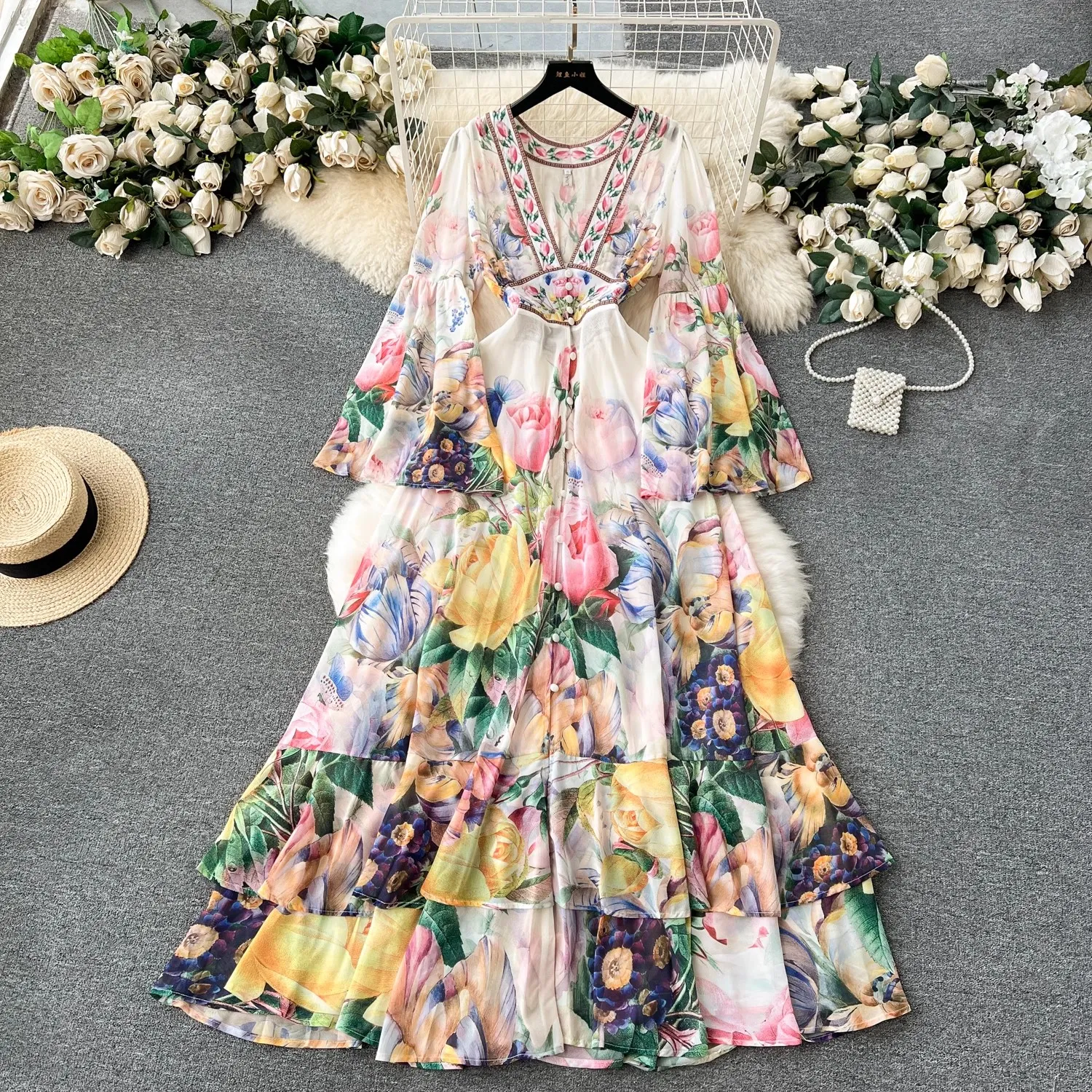 Basic Casual Dresses Summer Bohemain Gorgeous Flower Cascading Cake Dress Women's V-Neck Long Flare Sleeve Floral Print Holdiay Chiffon Vestidos 2024