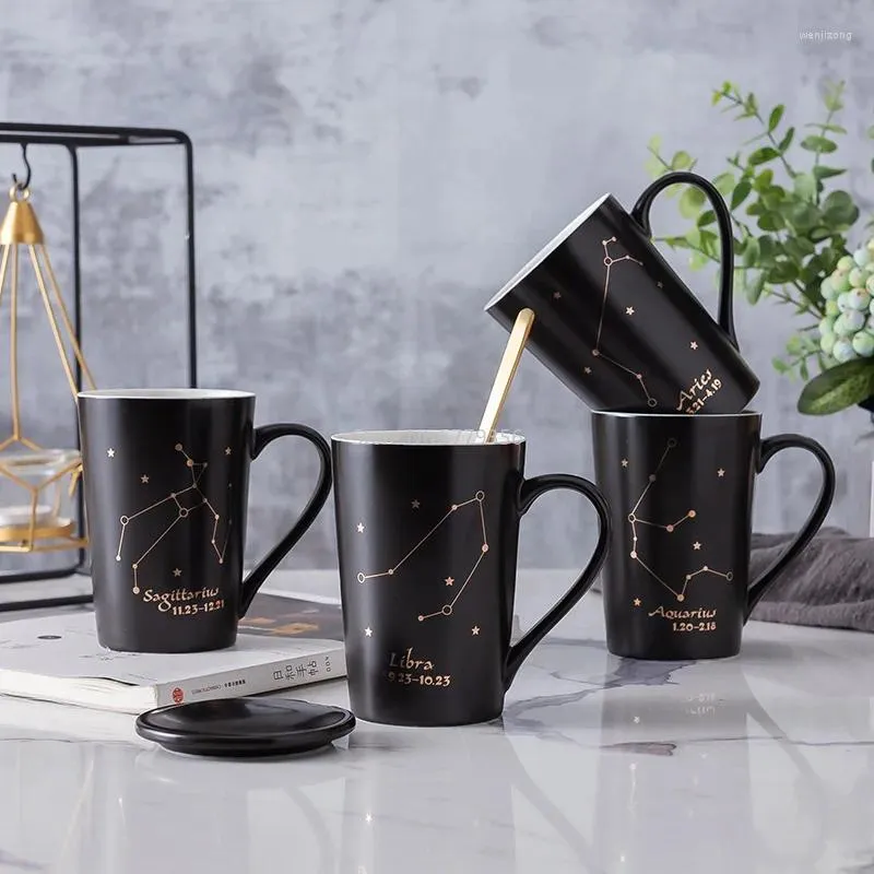 Mugs Simple Design Black Constellation Cup With Lid Spoon Creative High-quality Ceramic Mug European Couple Coffee