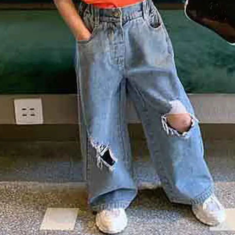 Flickor byxor personlighet rippade breda ben jeans byxor vår och sommar mode barn kläder barn kläder 240323