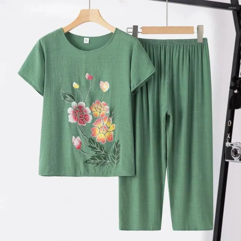 Dwuczęściowe spodnie kobiet 2PC/zestaw matki w średnim wieku zestaw haftowy kwiat drukujący salon elastyczna talia szeroka noga codzienna piżama
