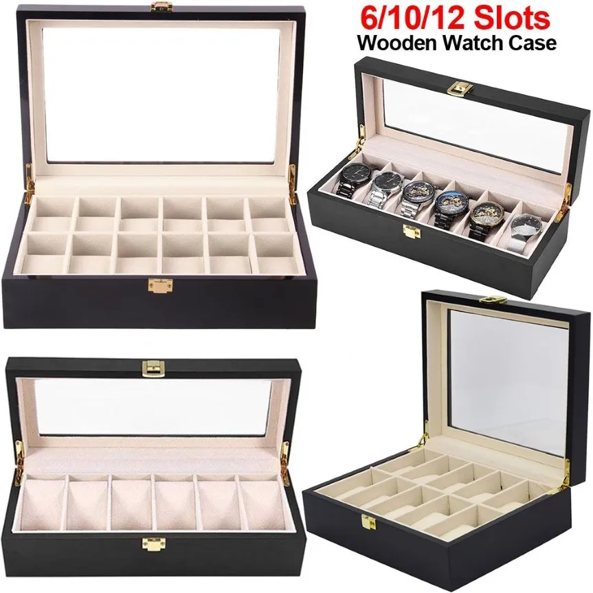 6 10 12 Slots Watch Box Black Wooden Jewelry Organzer Watch Display Case Glass Top Wrist Watches Box Luxury Holder D40305x