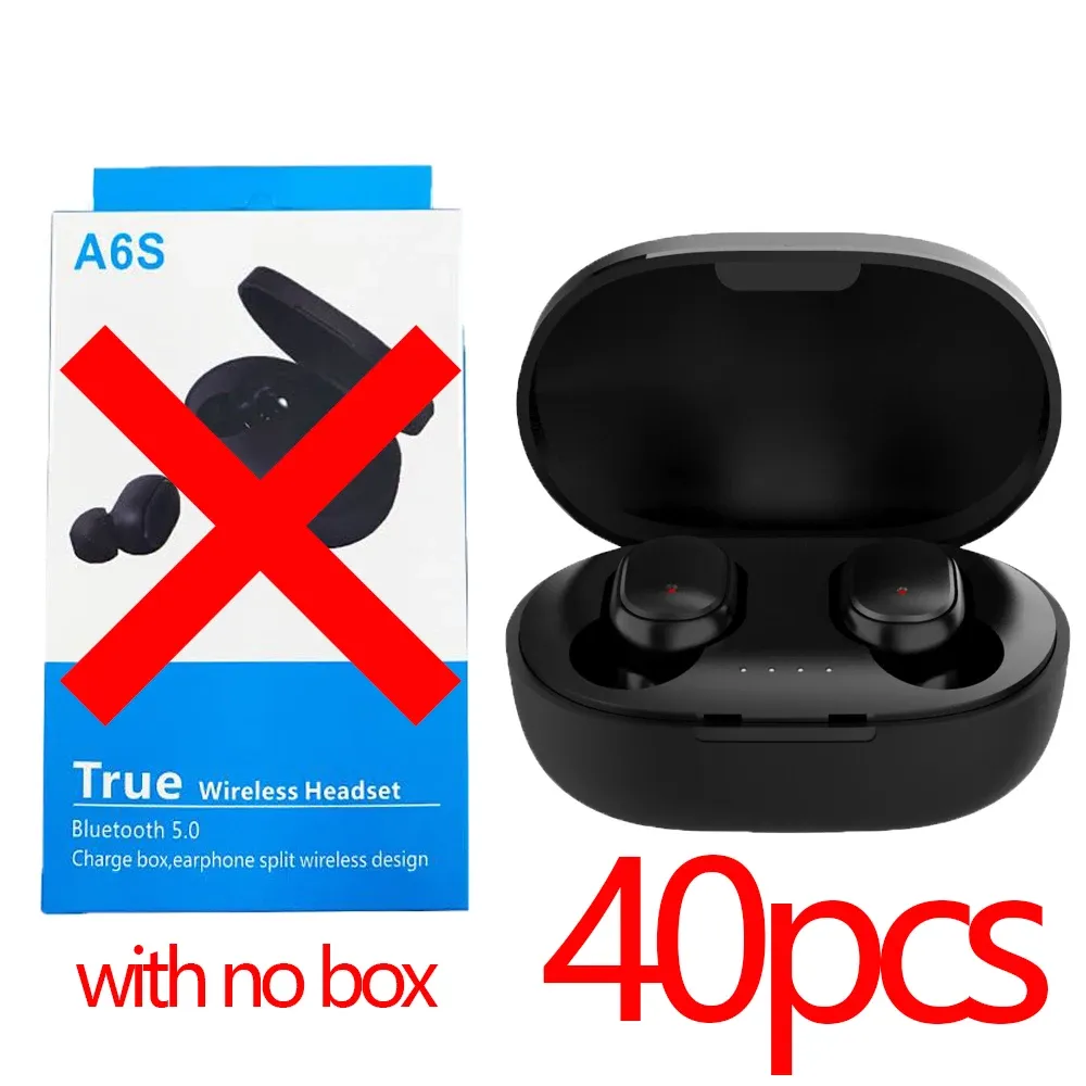 Hörlurar TWS A6S trådlösa hörlurar med mikrofon 40st/Lot Wholesale Earphone Buller Refering hörlurar Bluetooth Earbuds Blutooth