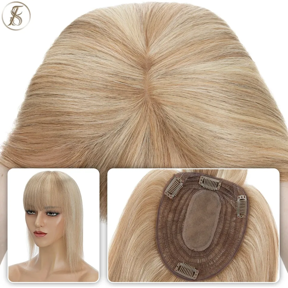 Toppers TESS Haar-Topper mit Pony, 13 x 15 cm, Damen-Topper, Naturhaar-Perücken, Clip-in-Echthaarverlängerung, 12 Zoll Damen-Haarteil, blond