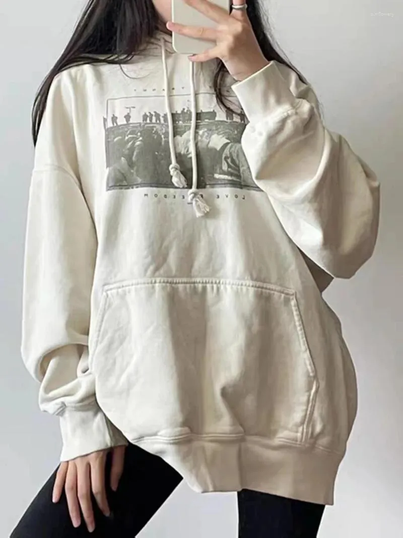 Hoodies femininos retro carta gráfica grosso outono algodão quente bolso casual pulôver topos oversized chique doce y2k camisolas