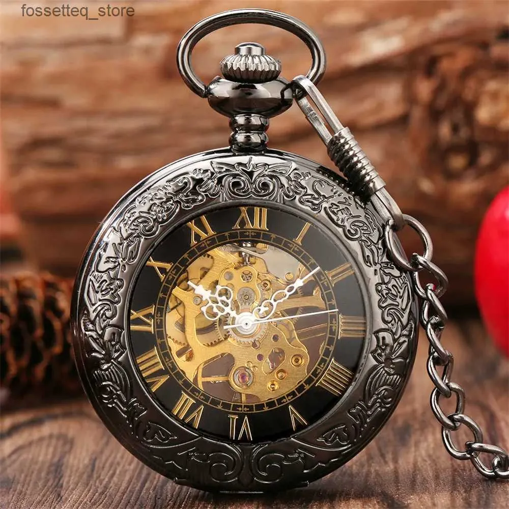 Pocket Watches Gold Roman Numerals Transparent Glass Manual Mechanical Pocket Retro Chain Clock Gift for Male Antique Hand Winding Clock L240322