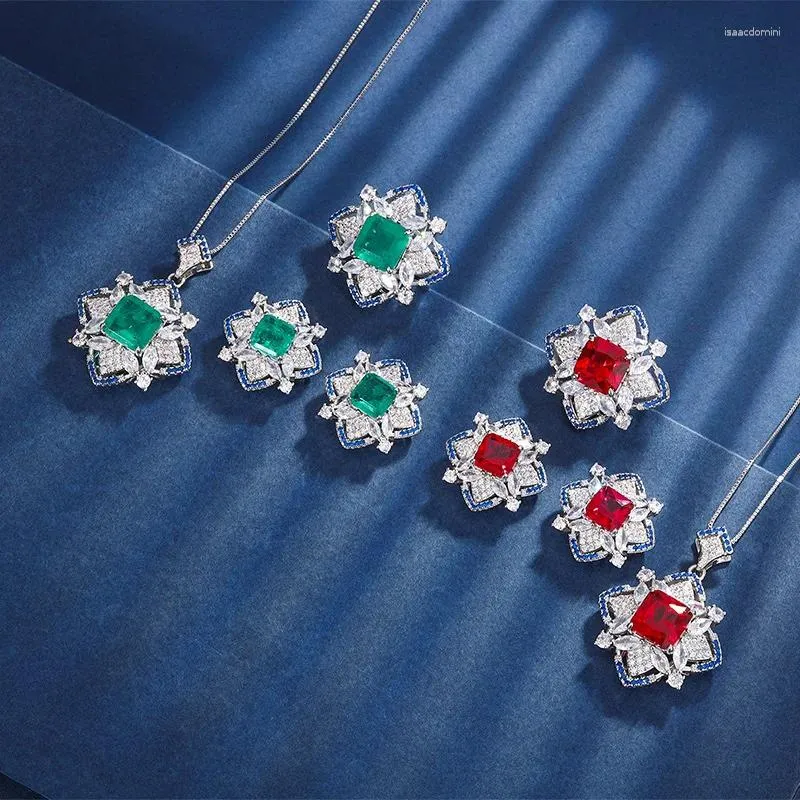 Ketting oorbellen set vierkante vorm rode robijn groene smaragd kubieke zirkoon hanger stud verstelbare ring sieraden