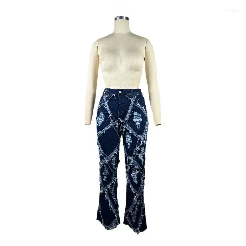 Pantaloni da donna Pantaloni da donna con foro nappa scozzese denim svasato bottoni alla moda vita alta tasche elasticizzate pantaloni jeans slim con taglio a stivale streetwear