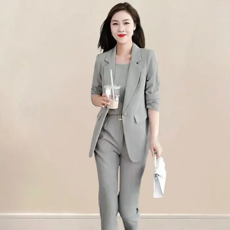 Women's Two Piece Pants Women Business Suit Set Elegant With Lapel Cardigan High Waist Vest Formal For Professional