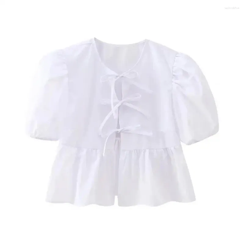 Blouses pour femmes 2024 Chemise blanche recadrée Femmes Printemps Cravate Bretelles Chemises Et Femme Vêtements Vintage Manches Bouffantes Haut Pour