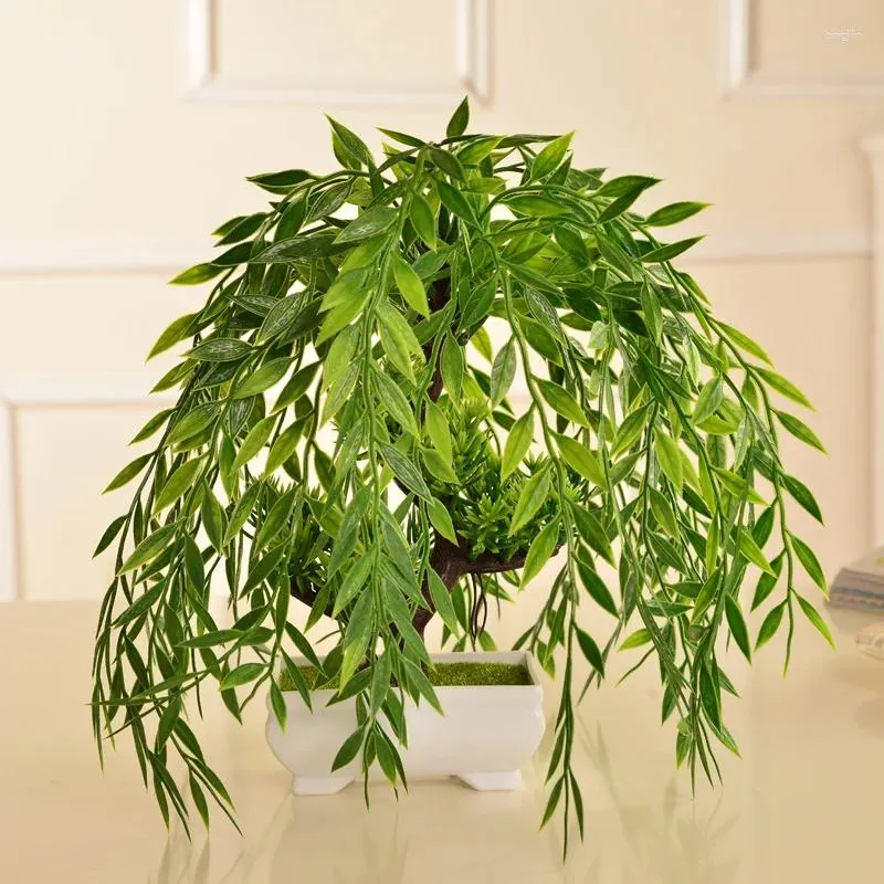 Fleurs décoratives 26 cm saule pleureur artificiel en pot palmier tropical mini bureau bonsaï plantes fausses feuilles en plastique de pin pour la maison