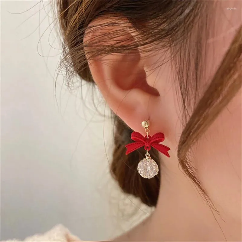 Boucles d'oreilles pendantes élégantes pour femmes, nœud papillon rouge noir, pendentif boule en Zircon, goutte d'eau, nœud coréen exquis, fleur, bijoux de fête