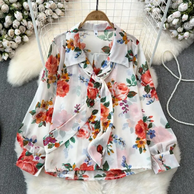 Kvinnors blusar Bow Floral Print Turn-Down Collar Lantern Sleeve Blusas Single Breasted Button elegant blus Summer Drop