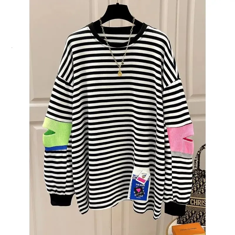 Autumn Winter Thin Womens Clothing 2023 Casual Korean Fashion Loose Patchwork Striped Oneck Long Sleeve Pullovers TShirts 240318