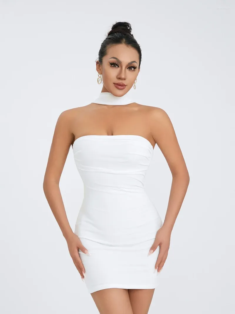 Vestidos casuais mulheres verão ruched tubo vestido strapless cor sólida festa clube curto bodycon com lenço longo de seda