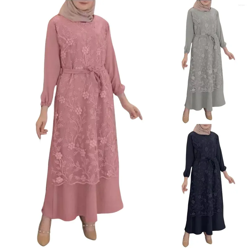 Этническая одежда, женское кружевное лоскутное мусульманское платье с поясом, Рамадан, Абаи, двухслойный джилбаб, скромный молитвенный кафтан, модный мусульманский халат