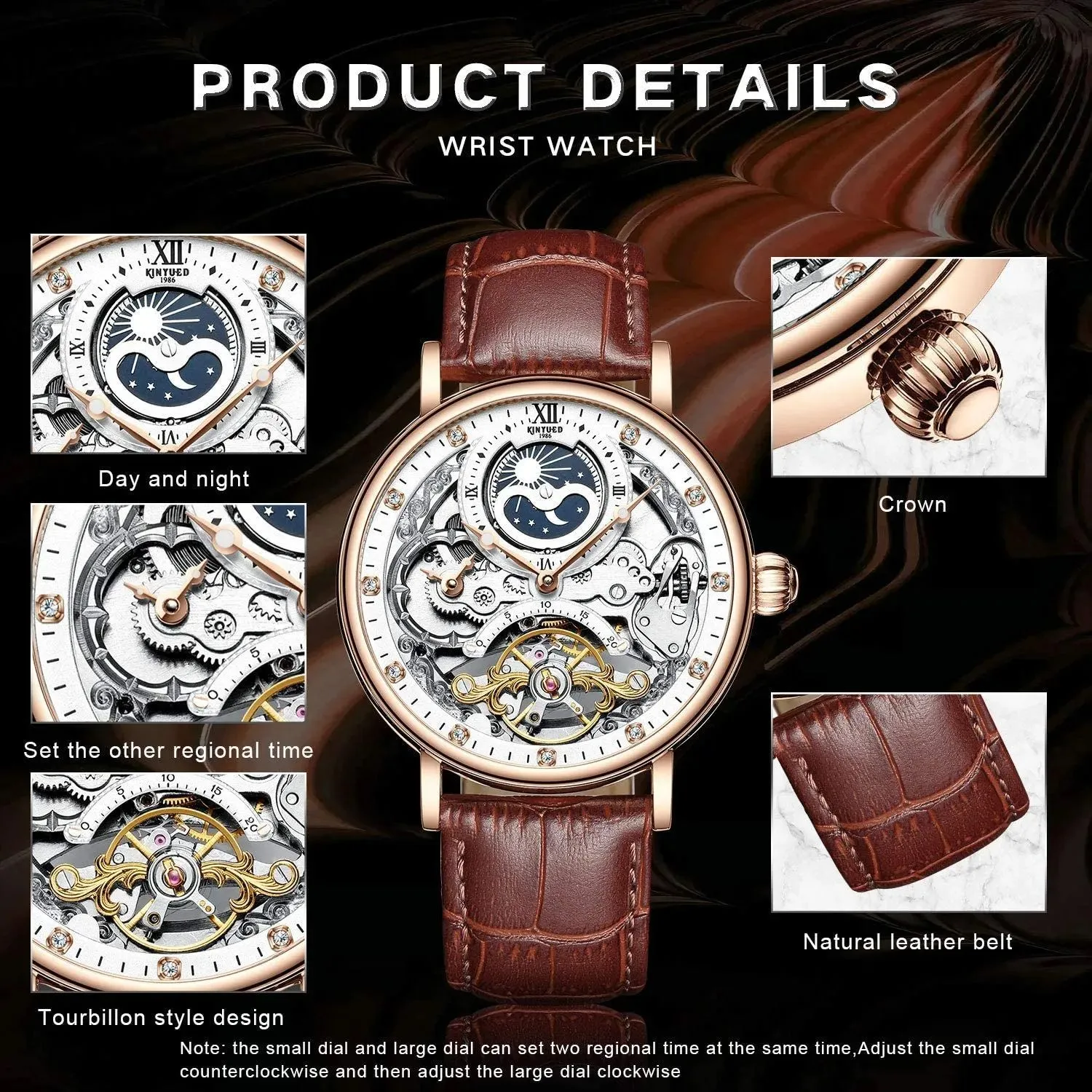 Mens Luxury Skeleton Automatic Mechanical Wrist Watches Leather Moon Phrase Luminous Hands Self-Wind Wristwatch228S