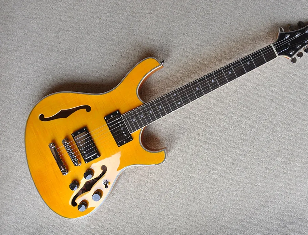 Krom donanımlı gül ağacı klavye ile gitar yarı içi boş sarı gövde elektro gitar, özelleştirilmiş hizmetler sağlar