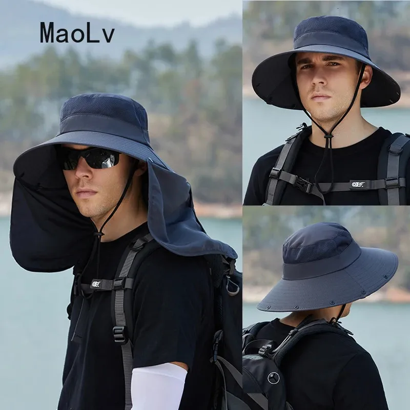Chapeaux de soleil d'été double couche UV protection pêche chasse à la chasse extérieure hommes randonnée de camping chapeau de pêcheur amovible chapeau 240409