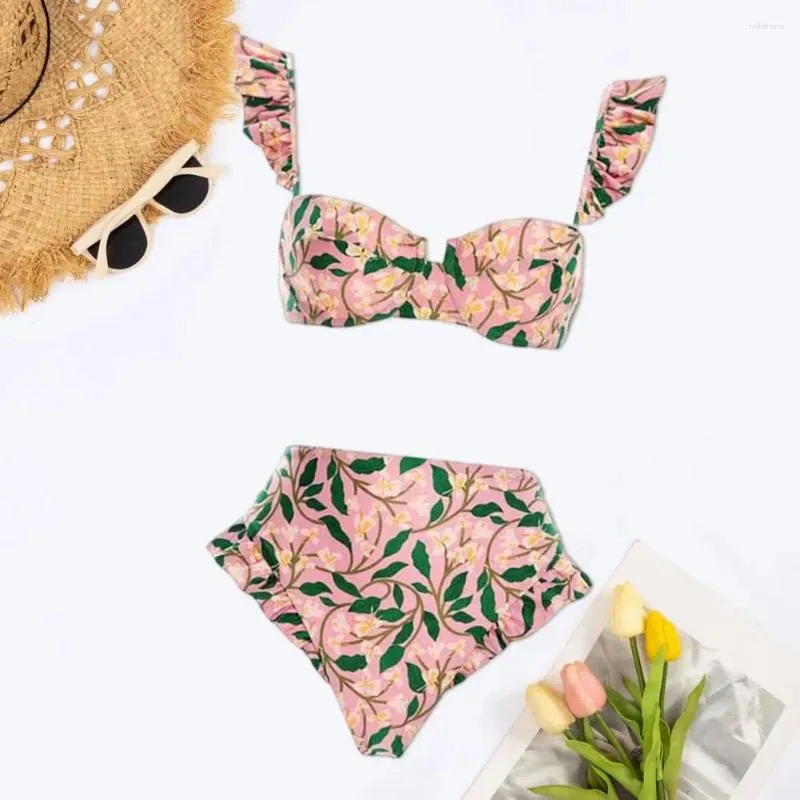 Kvinnors badkläder Bohemian tryckt baddräkt sommarlovsbikini set Böhmen stil ruffle hylsa bandeau bh hög midja simma blommigt tryck