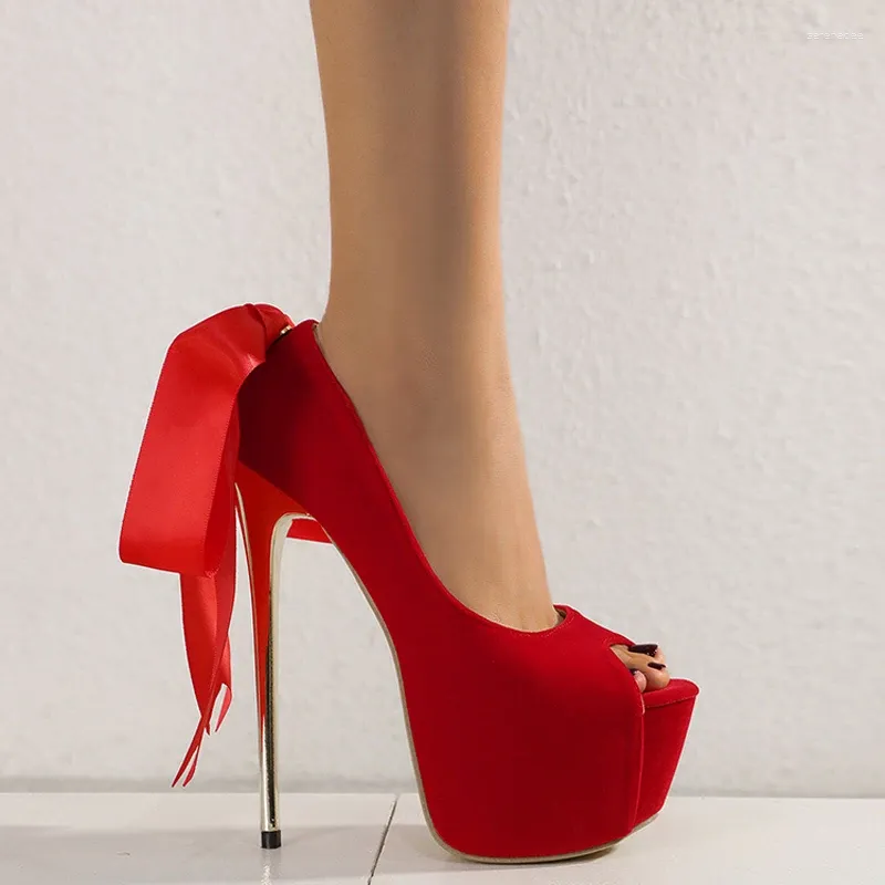 Robe chaussures rouge pompes femmes 16cm stiletto bout ouvert talons hauts plate-forme arrière papillon plus taille dames talon femme