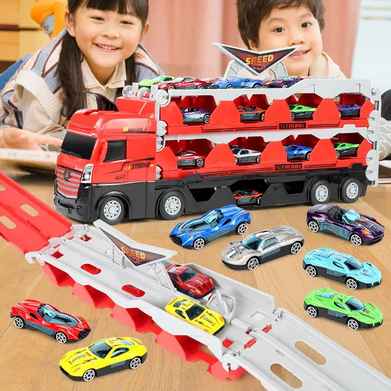 Stor biltransportör lastbil vikning spår racing fordon barn konkurrensspel förvaring legering pojke leksak barn gåvor 240313