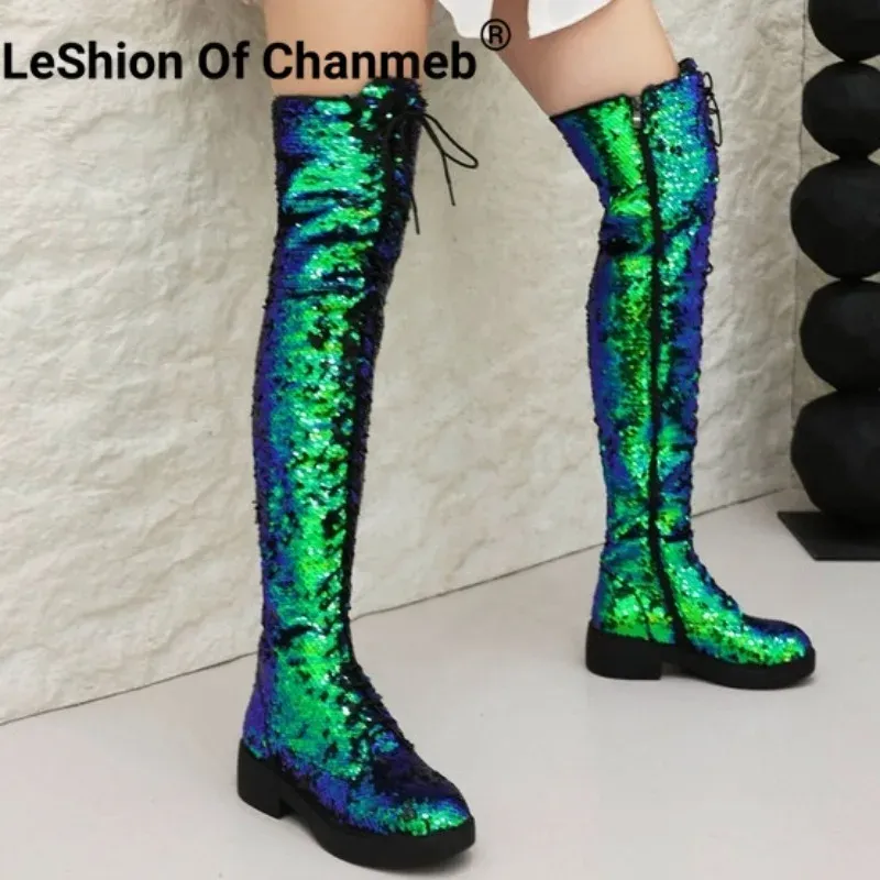 Buty Leshion of Chanmeb Srebrne cekiny Overtheknee buty złota Bling Bling Zipper uda wysokie buty Glitter koronkowe buty 3343