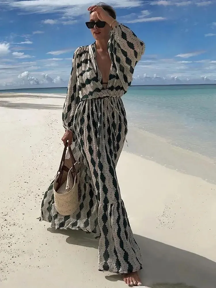 Fashion Vneck Long Sleeve Maxi Dress For Women Sexy Contrast High Waigh Bodycon Robe Summer 2024 Elegant Beachwear Sundresds 240312