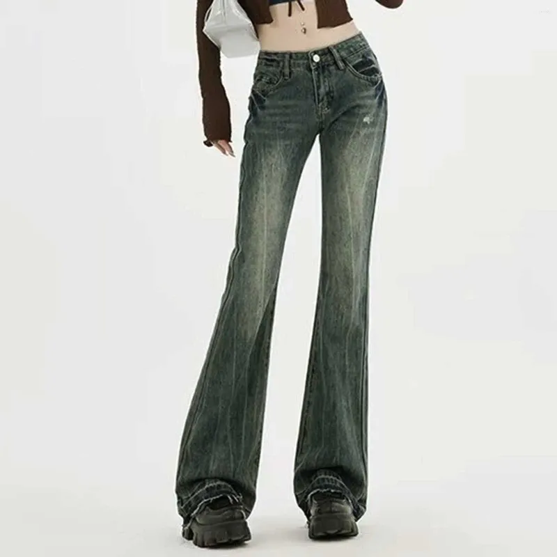 Jeans pour femmes 2024 Streetwear Mode Femmes Flare Printemps Automne Taille haute Taille pleine longueur Pantalon Bouton Brodé Casual Pantalon à jambes larges
