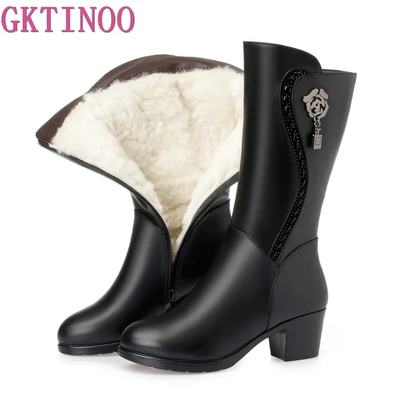 Botas gktinoo rodilla de invierno botas altas pieles de lana dentro de zapatos calientes para mujeres tacones altos zapatos de cuero plataforma botas de nieve botas de calzado