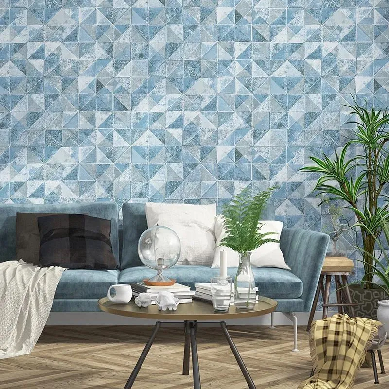 Bakgrundsbilder Nordisk stil geometrisk blå mosaik tapetgitter för sovrum vardagsrum bakgrund väggar icke vävda papper peint väggmålning 3D